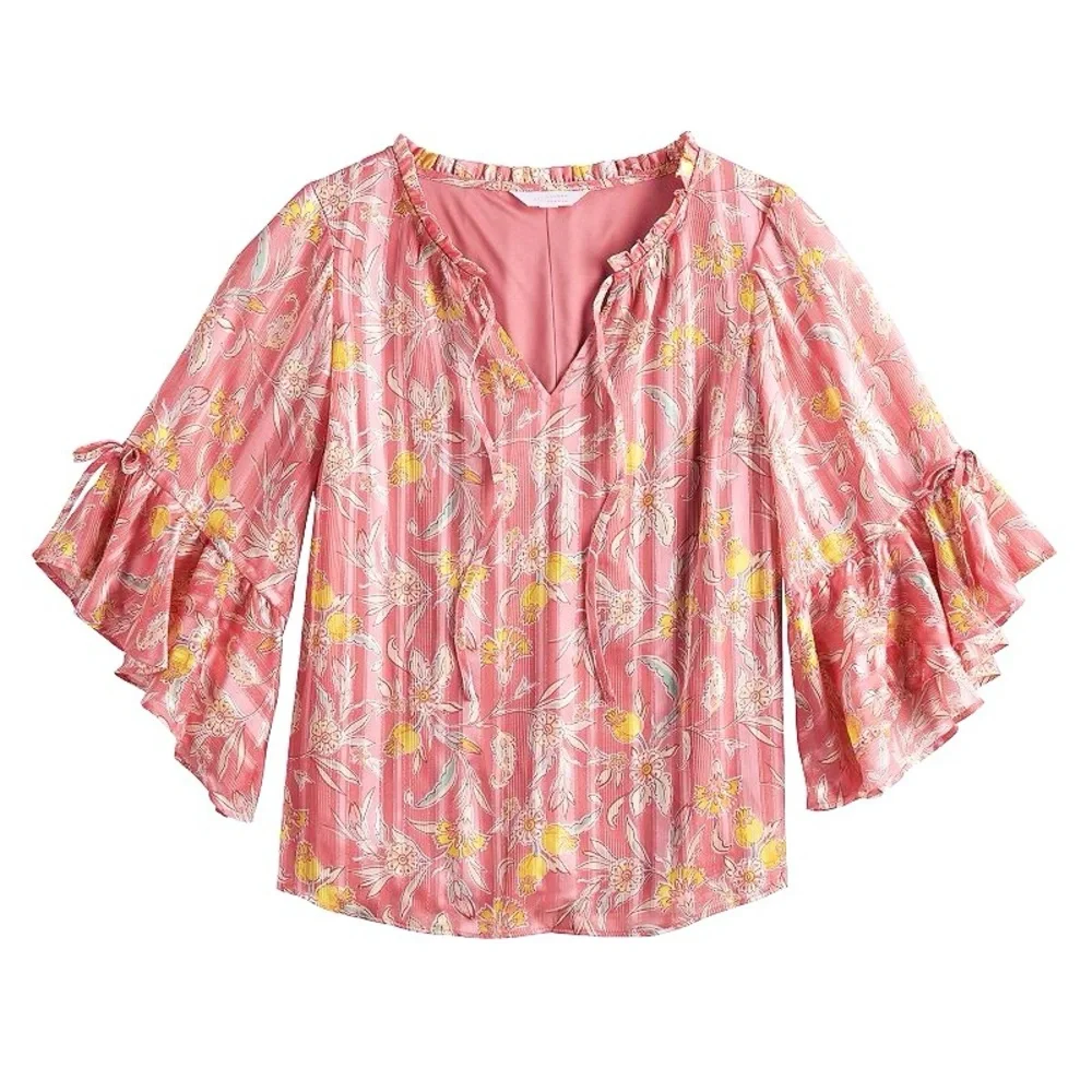LC LAUREN CONRAD Chiffon Bohemian Blouse 3/4 Ruffle Sleeve Split Neck with Tie - Picture 7 of 12